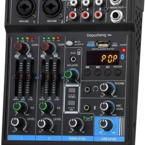 4-Channel USB Interface Mixer, DJ Sound Controller Mini Mixer Professional Digital Audio Portable Sound Mixing Console with Sound Card & Bluetooth Function for PC Recording - Depusheng M4, Black