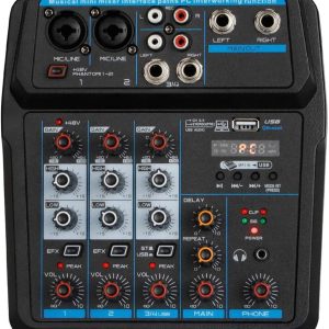 Depusheng U4 Portable Mini Mixer 4 Channel Audio DJ Console with Sound Card, USB, 48V Phantom Power for PC Recording Singing Webcast Party
