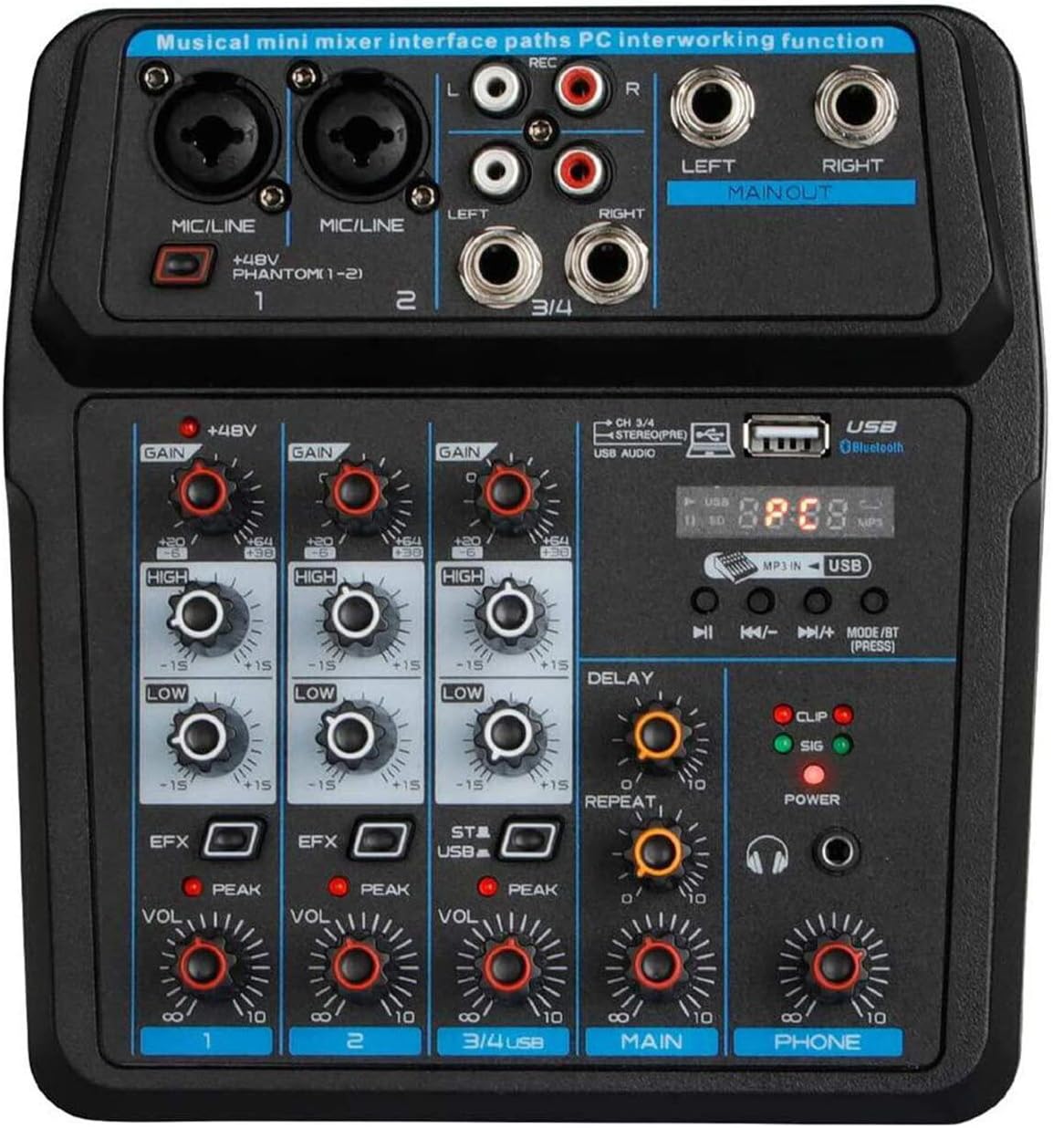 Depusheng U4 Portable Mini Mixer 4 Channel Audio DJ Console with Sound Card, USB, 48V Phantom Power for PC Recording Singing Webcast Party