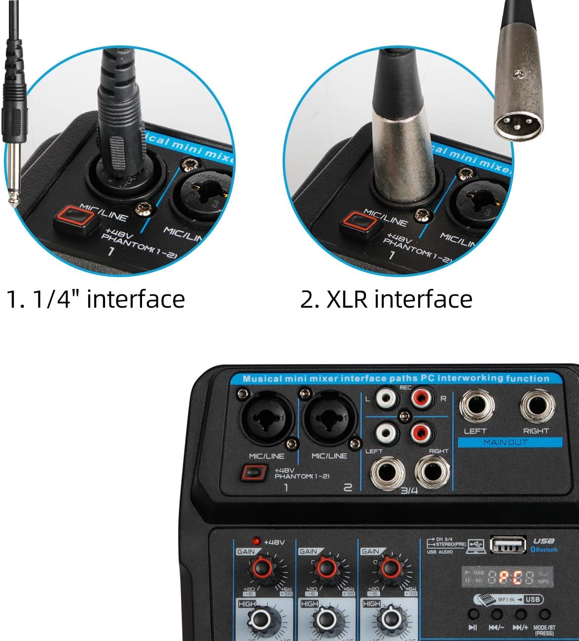 Depusheng U4 Portable Mini Mixer 4 Channel Audio DJ Console with Sound Card, USB, 48V Phantom Power for PC Recording Singing Webcast Party - Image 6