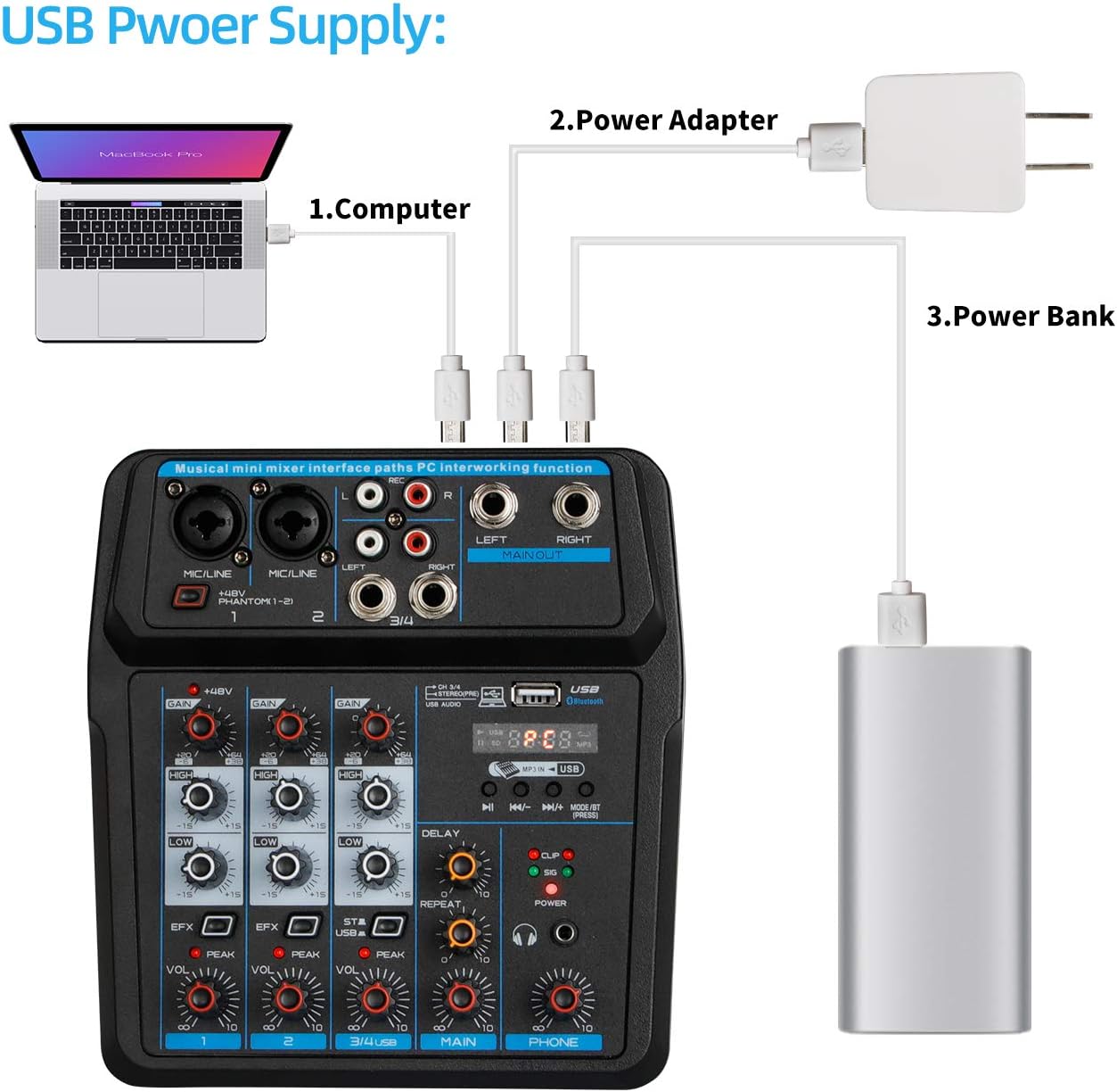 Depusheng U4 Portable Mini Mixer 4 Channel Audio DJ Console with Sound Card, USB, 48V Phantom Power for PC Recording Singing Webcast Party - Image 4