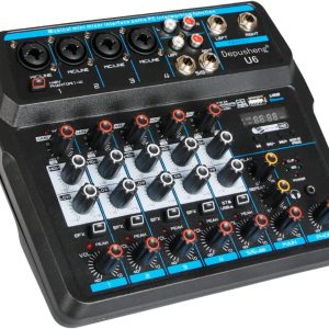 Depusheng U6 Audio Mixer 6-channel USB Audio Interface Mixer, DJ Sound Controller Interface with USB,Soundcard for PC Recording,Built-in 48V Phantom Power for Home Music Production,Live Streaming