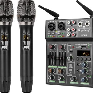 Depusheng UF4-M Studio Audio Sound Mixer Board - 4 Channel Bluetooth Compatible Professional Portable Digital DJ Mixing Console with Wireless Microphone - Mixing Boards For Studio Recording