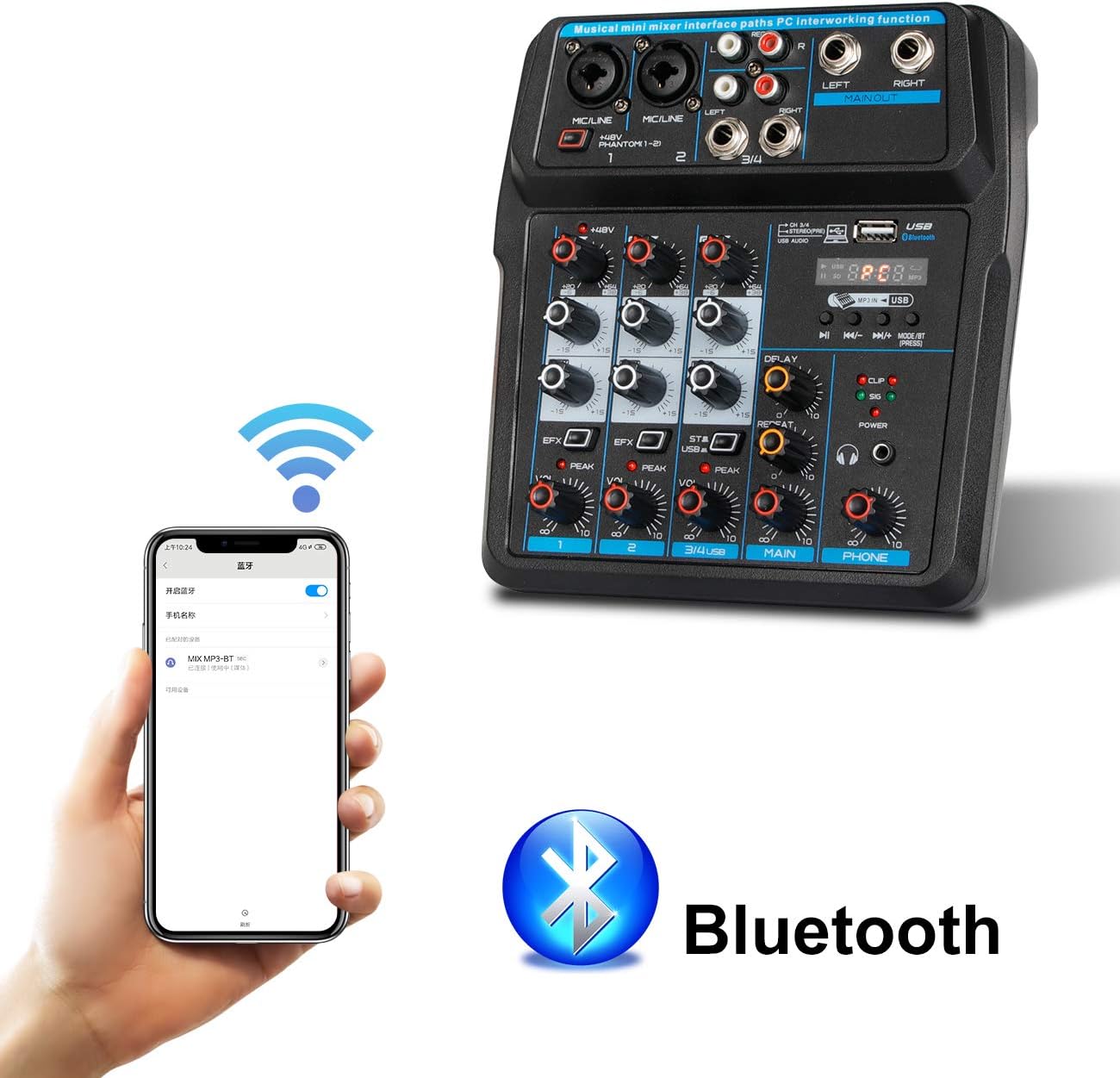 Depusheng U4 Portable Mini Mixer 4 Channel Audio DJ Console with Sound Card, USB, 48V Phantom Power for PC Recording Singing Webcast Party - Image 2