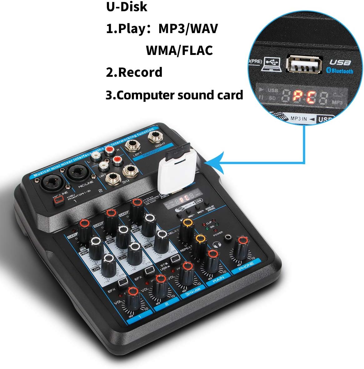 Depusheng U4 Portable Mini Mixer 4 Channel Audio DJ Console with Sound Card, USB, 48V Phantom Power for PC Recording Singing Webcast Party - Image 3