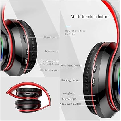 JAZ Headset - Black/Red, Best Headphones with Microphone, Wireless Headset, Gaming Headset, Bluetooth Connection, Foldable, LED Lights, Over-Ear Headphones - Image 3